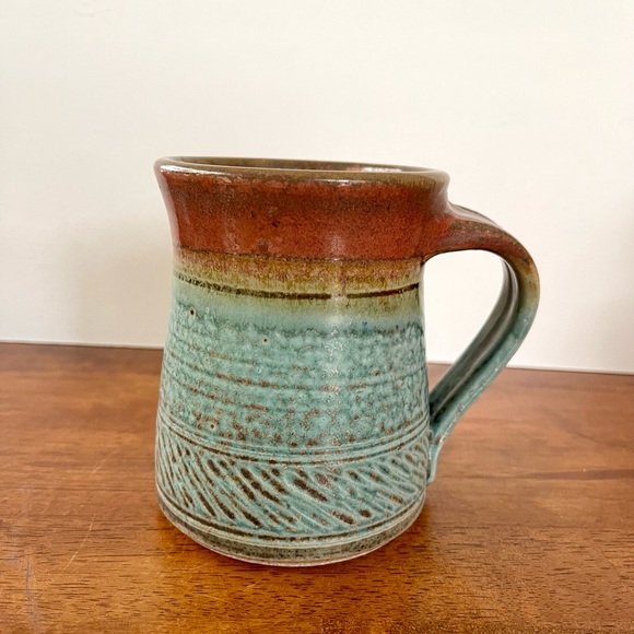 Pottery Mug 16oz Turquoise and Brown/ Signed By Artist 4 1/2” Tall - Picture 4 of 10